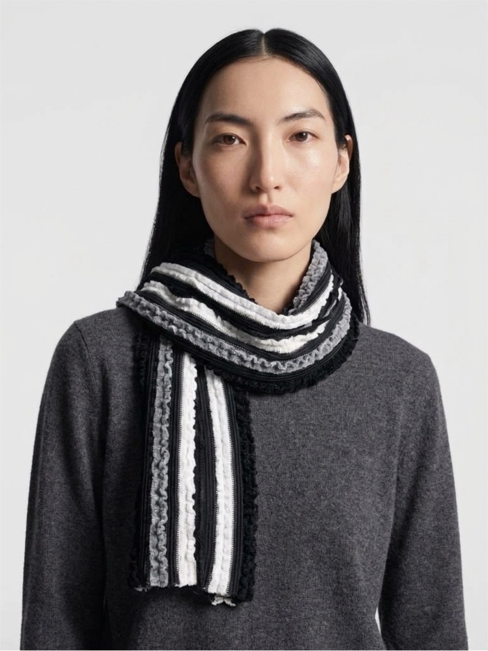 Dana Herbert Textured Oblong Scarf Black White Gray Striped Ribbed Knit